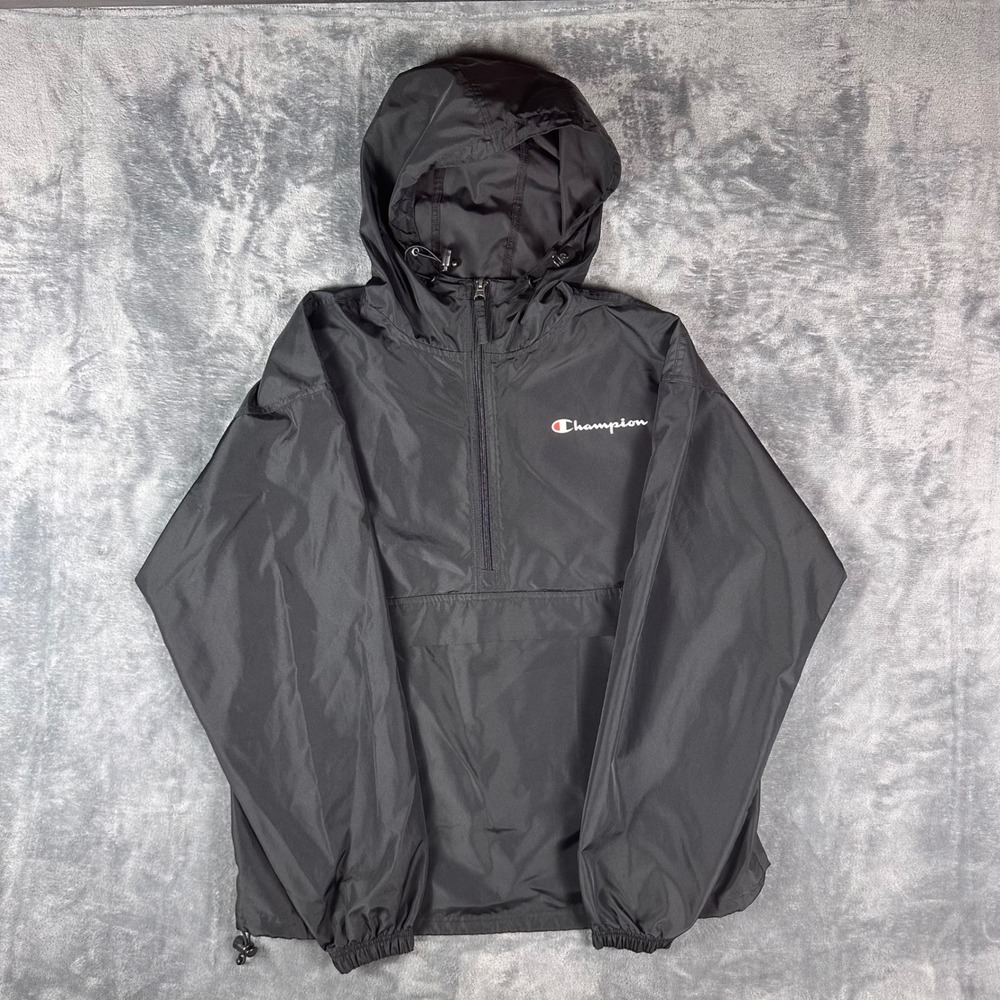 Champion Mens Packable Half Zip Windbreaker Jacket Black Medium
